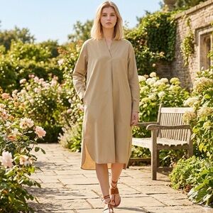 Uniqlo Long Beige Shirt Dress With V-Neck fs Size L 100% Cotton Side Slits